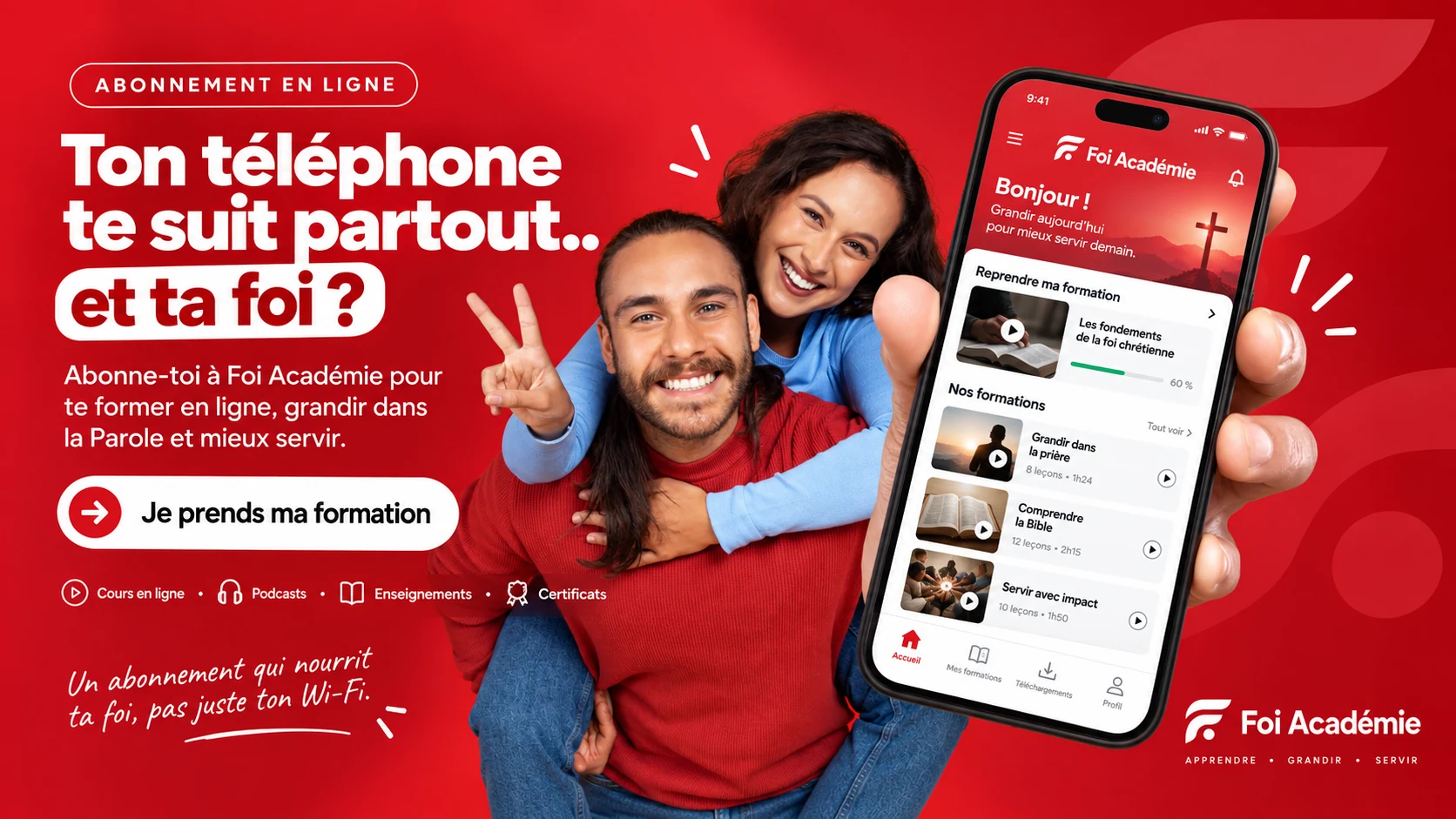 Foi académie sur ton téléphone — se former en ligne, grandir dans la foi et mieux servir.